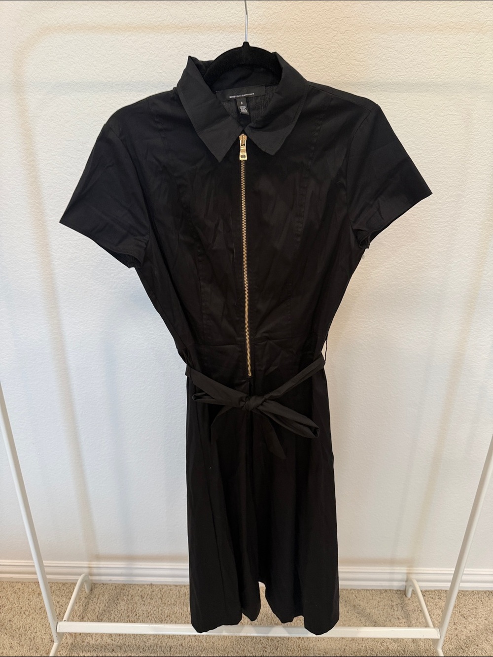 White House Black Market Black Short-Sleeve Zip-Front Midi Dress with Tie Waist